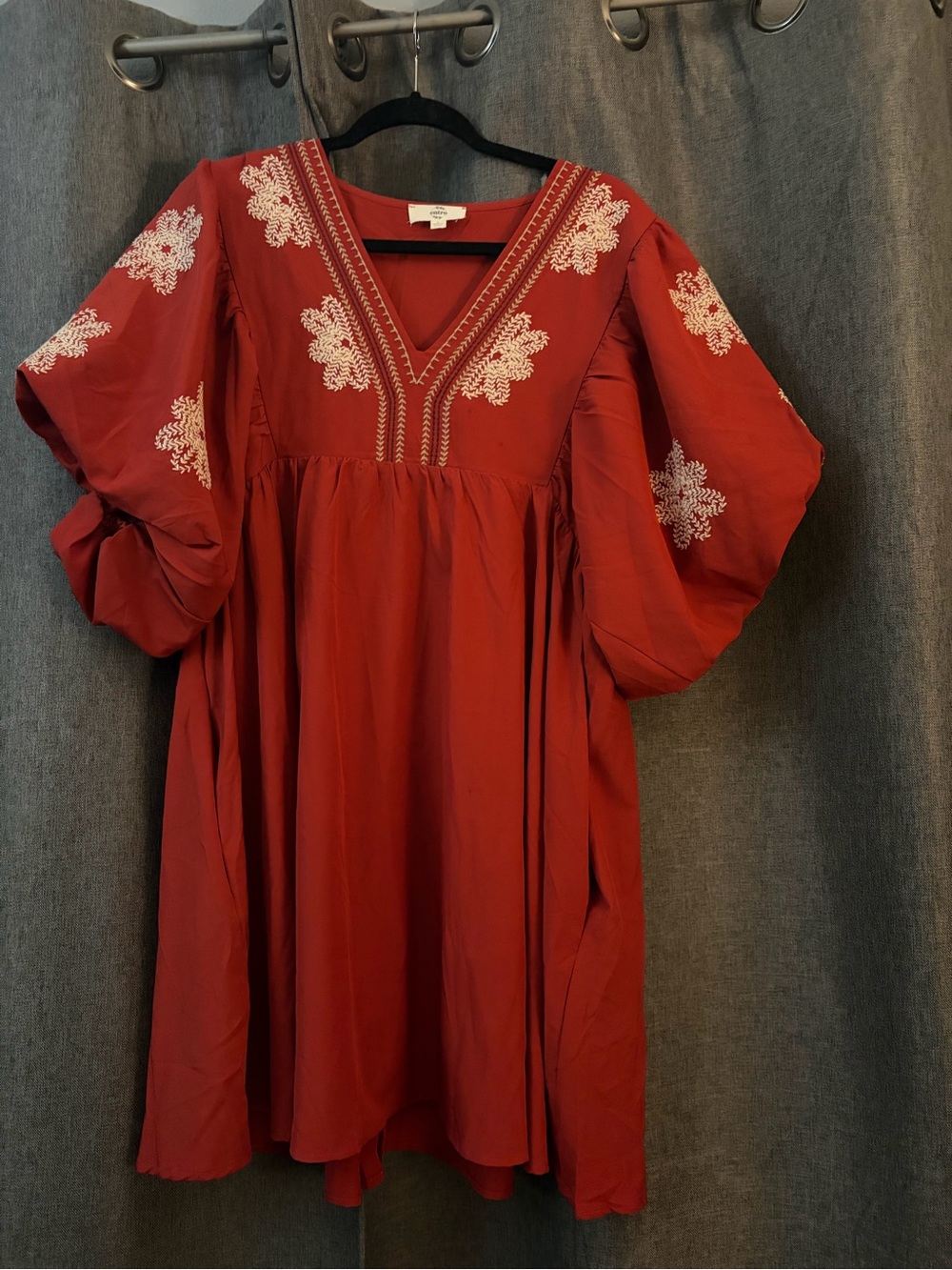 Embroidered V-Neck Red Women's Dress